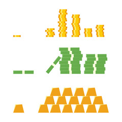 Set a various kind of money. Dollar cash paper bank notes, metal coins and gold bars. Isolated vector illustration in flat style