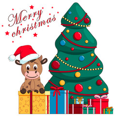  Cute bull sits on a gift in a hat of santa claus
