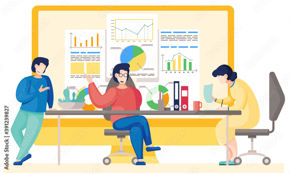 Poster teamwork concept. illustration joint work in the company. office workers communicate, solve business