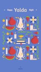 Happy Yalda night social media story template with symbols of the holiday - watermelon, pomegranate, nuts, candles and poetry books. Iranian night of forty festival of winter solstice celebration