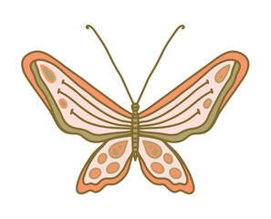 Vector illustration of a butterfly in beautiful green and orange colors. Butterfly with multi-colored thin wings for printing on fabric, cute print in natural colors. Graceful insect, colored doodle