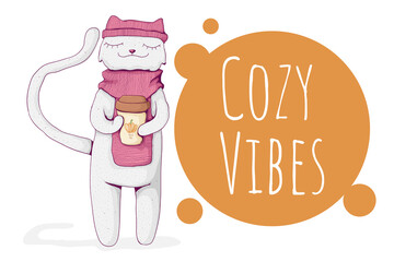 Cute white cat wearing cozy scarf and hat and hold mug with pumpkin latte. Cozy vibes text. Cozy winter or fall concept. Best for print, textile or web.