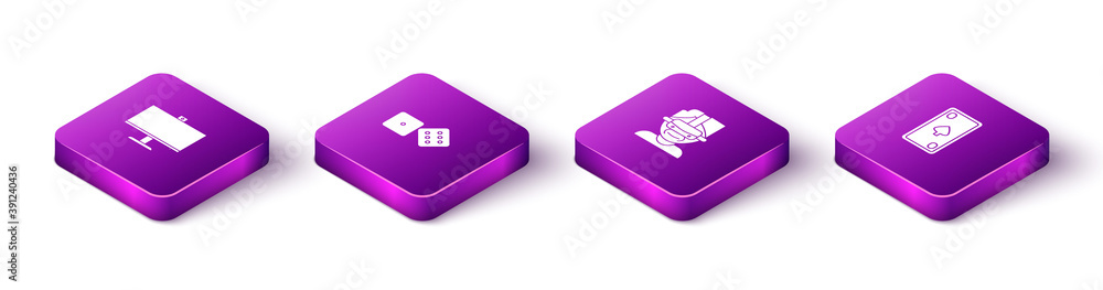 Poster set isometric computer monitor, game dice, virtual reality glasses and playing card with diamonds ic