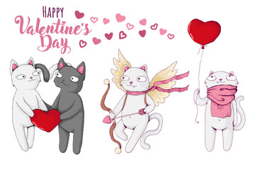 Collection of cute white and black cats in cartoon style. Vector illustration. Set of St Valentine's Day concepts. Text Happy Valentine's day. Best for print, web and textile design.