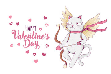 Cute white cat with cupid bow and wings. St. Valentine's day concept. Happy Valentine's Day text with hearts. Vector illustration in cartoon style. For print, textile or web design.
