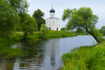 Ancient Church of the Intercession of the blessed virgin on the Nerl. Russia, the village of Bogolyubovo in summer