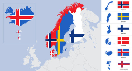 Vector detailed map and flags of Scandinavia with country silhouettes Sweden, Norway, Denmark, Finland, Iceland, Faroe islands