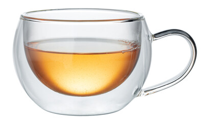 Glass cup of green tea isolated on white