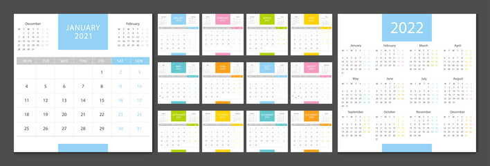 Calendar 2021, calendar 2022 week start Monday corporate design template vector.