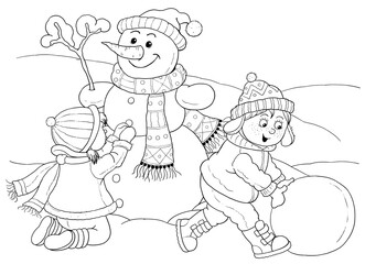 Winter. Cute boy and girl playing outdoors. Illustration for children. Coloring page. Cute and funny cartoon characters