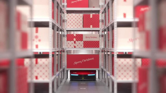 Autonomous robot or AGV moves rack with christmas presents in automated warehouse. Seamless looping POV shot. Automated warehouse of the future concept. Realistic high quality 3d rendering animation.
