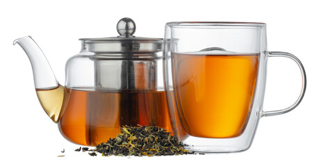 Glass teapot and glass cup with tea isolated on white
