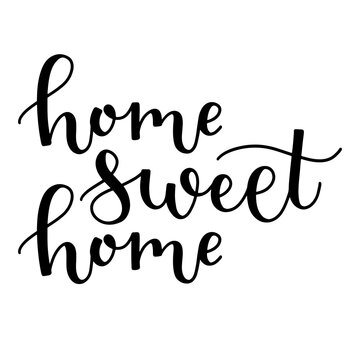 Home sweet home phrase hand drawn script lettering ink in black isolated on white background. Bounce calligraphy brush lettering vector illustration.