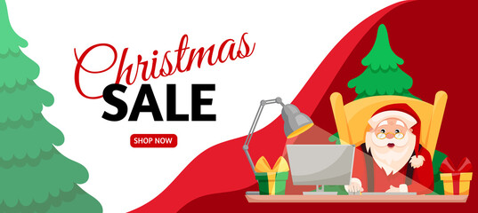  Santa Claus buy gifts online while Christmas sale time. Holiday sale horizontal banner. Cartoon Santa sitting on the yellow chair with a Christmas tree on the background. Vector flat illustration.