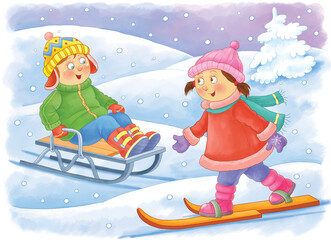 Winter. Cute boy and girl playing outdoors. Illustration for children. Coloring page. Cute and funny cartoon characters