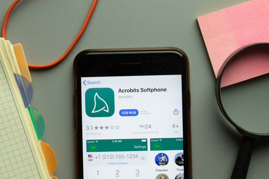 New York, USA - 26 October 2020: Acrobits Softphone mobile app logo on phone screen close up, Illustrative Editorial