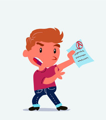 cartoon character of little boy on jeans arguing effusively with exam in hand.