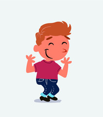 cartoon character of little boy on jeans shrinks somewhat shy.