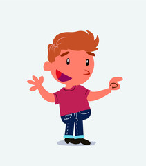 cartoon character of little boy on jeans smiling while pointing.