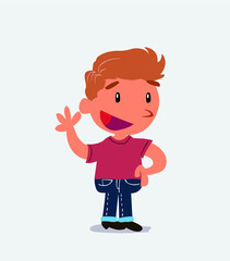 cartoon character of little boy on jeans waving happily