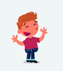  Pleased cartoon character of little boy on jeans explaining something.