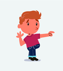Surprised cartoon character of little boy on jeans points to something to his side.