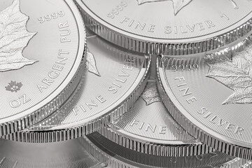 Macro Close up of a Silver Canadian Maple Leaf Bullion Coin