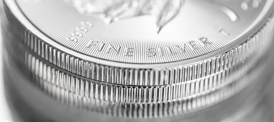 Macro Close up of a Silver Canadian Maple Leaf Bullion Coin