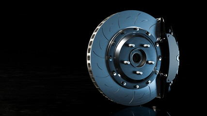 Brake Disc and Black Calliper on Looks like the road is wet and dark background. Brake from Racing car with Clipping path and copy space for your text. 3D Render. - obrazy, fototapety, plakaty