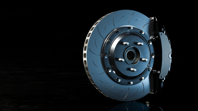 Brake Disc and Black Calliper on Looks like the road is wet and dark background. Brake from Racing car with Clipping path and copy space for your text. 3D Render.