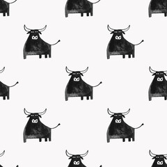 Abstract seamless pattern with funny black bull © Annykos