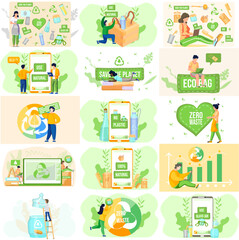 Zero waste products and lettering. Eco concept use safe packaging, no plastic. Set of durable and reusable products or things, scenes set with man and woman volunteers. Eco style save the planet