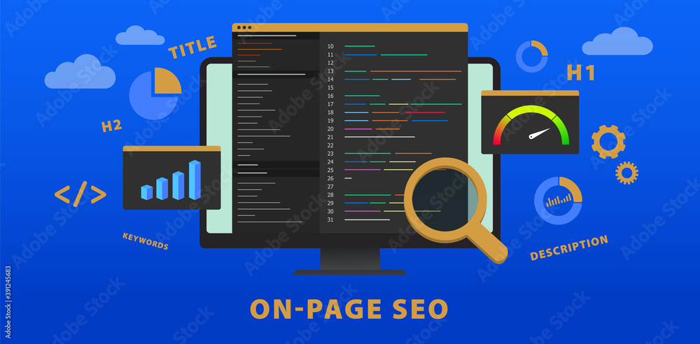 Poster on-page seo (search engine optimization) website vector banner concept. change of title, description