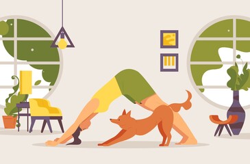 Doga concept illustration. Woman with pet doing training exercises in interior with round windows
