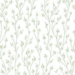 Naklejka premium Abstract nature seamless pattern with green contours of twigs with leaves on white background. Softness spring template for design, textile, wallpaper, web background.
