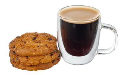 Glass cup of coffee with chocolate chip cookie isolated on white