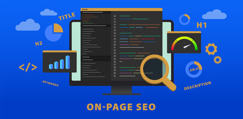 On-page SEO (Search Engine Optimization) website vector banner concept. Change of title, description, meta tags, h1, headlines and keywords. Web development for better ranking in search engines - obrazy, fototapety, plakaty