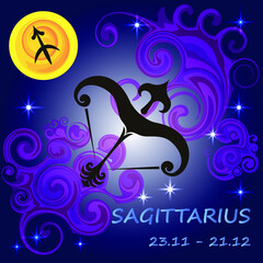 Zodiac sign Sagittarius with the moon and stars is located against the background of the night sky with decorative elements