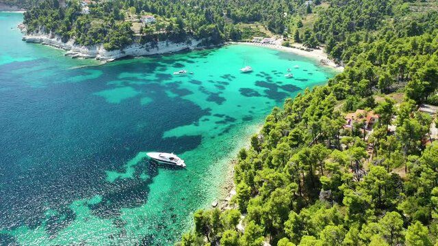 Aerial drone video of Chrysi Milia sandy beach with crystal clear turquoise sea, Alonissos island, Sporades, Greece 