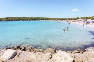 Fototapeta premium PORTO PINO, SARDINIA, ITALY - SEPTEMBER 6, 2019: Porto Pino beautiful sandy beach in Sant'Anna Arresi, south Sardinia, Italy