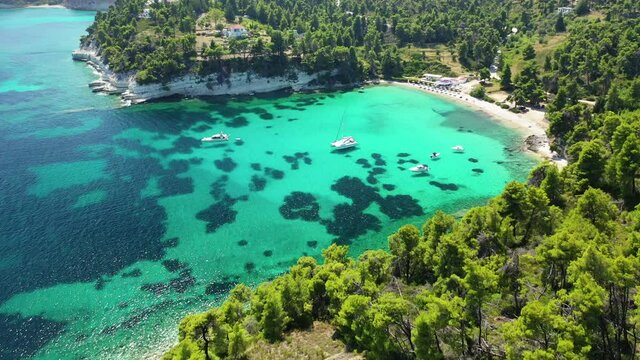 Aerial drone video of Chrysi Milia sandy beach with crystal clear turquoise sea, Alonissos island, Sporades, Greece 