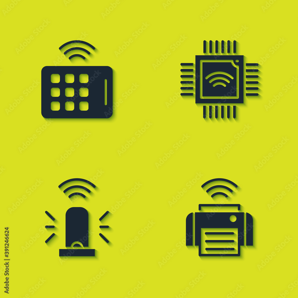 Poster set wireless tablet, smart printer, flasher siren and processor with microcircuits cpu icon. vector.