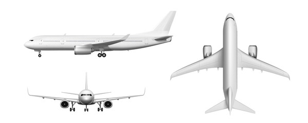 3D Flying Airplane, Jet Aircraft. Top, Front, Side © prah