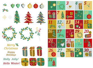 Christmas tree, gifts, toys, wreath, Christmas set of themed items, holiday advent calendar.