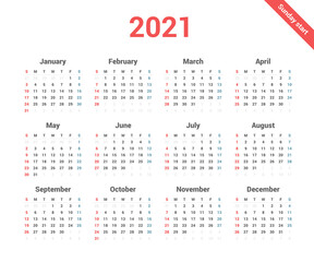 Calendar 2021 simple style week starts on Sunday.