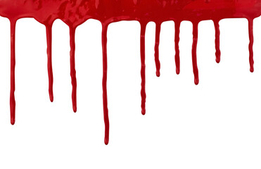 Red acrylic paint drips on white isolated background. Drops of blood flow down.