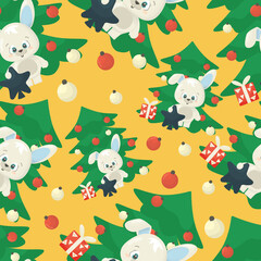 cute new year 2021 vector seamless pattern with happy white cartoon funny rabbits, green tree, christmas toys and gifts on blue background