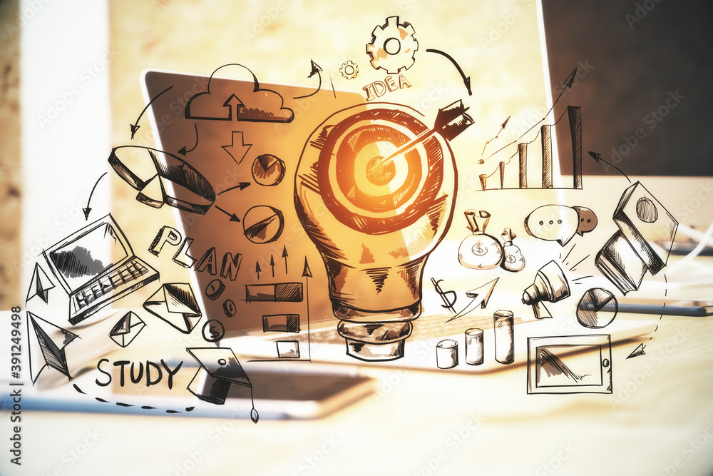 Poster laptop computer with drawing business sketch