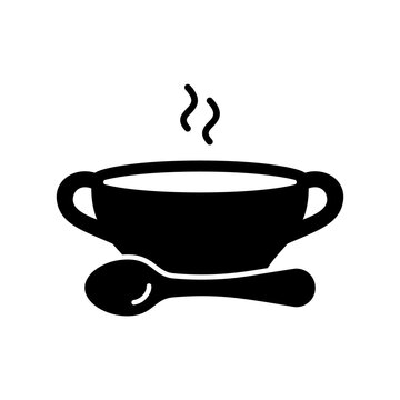 Bouillon silhouette icon. Outline bowl with spoon and hot food. Black simple illustration of broth or clear soup for eatery menu. Flat isolated vector pictogram on white background