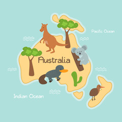 Map of Austratia, animals and plants set